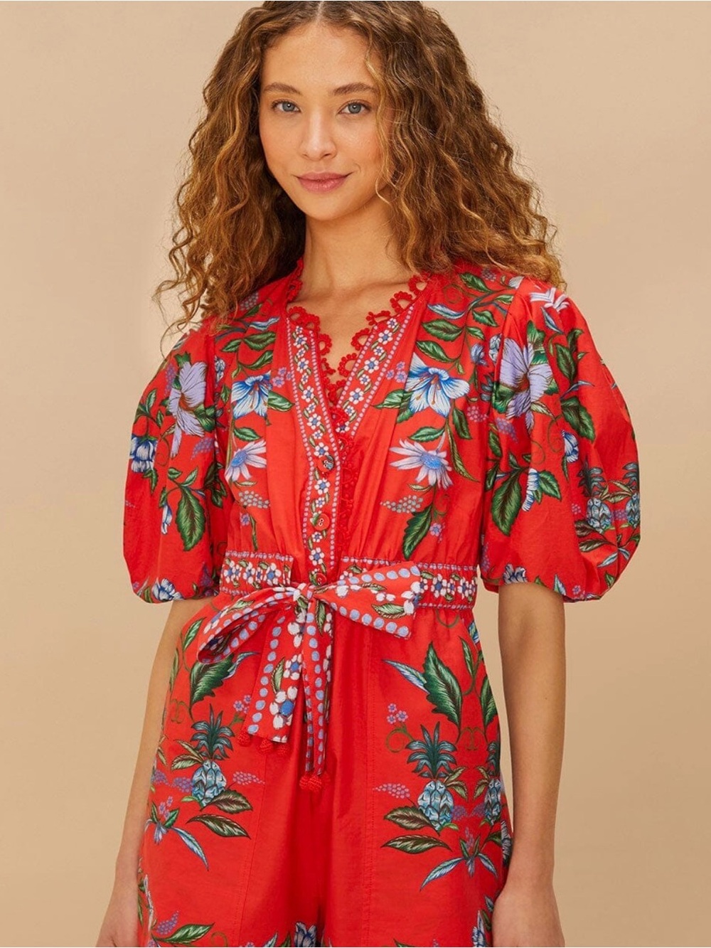 FARM Rio Red Floral Puff-Sleeve Romper with Tie Waist New With Tag - Picture 9 of 11